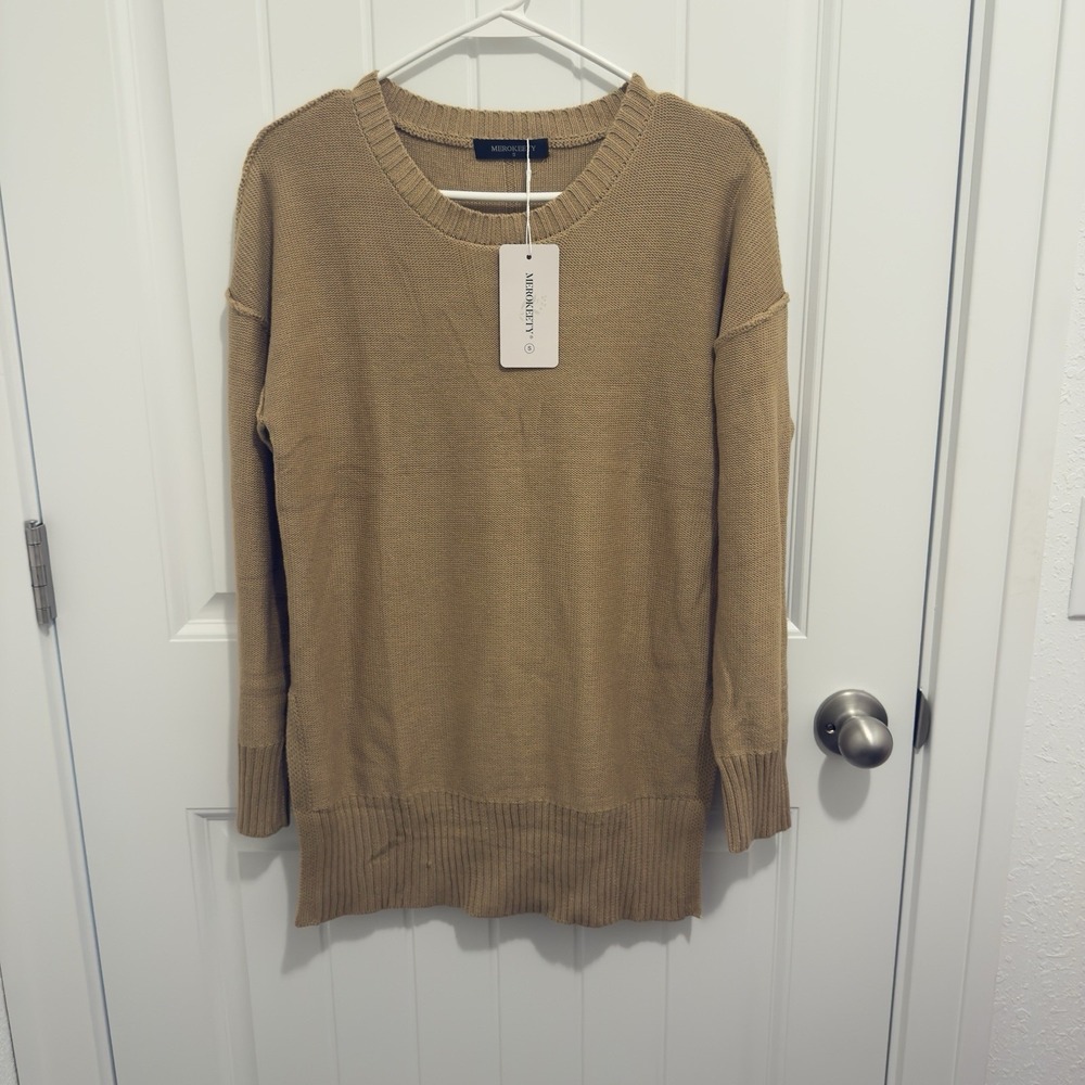MEROKEETY Womens Beige Solid Knit Crew Neck Long Sleeve Pullover Sweater Size S